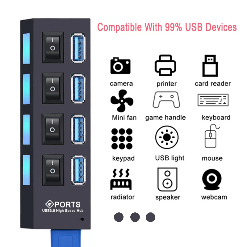 USB 3.0 Multiport Hub 4/7 Port Expander for Laptop and PC